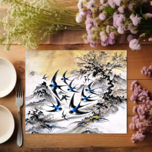 raxxa Premium-Tischset: Swallows Soaring Through the Sky in Chinese Ink Painting