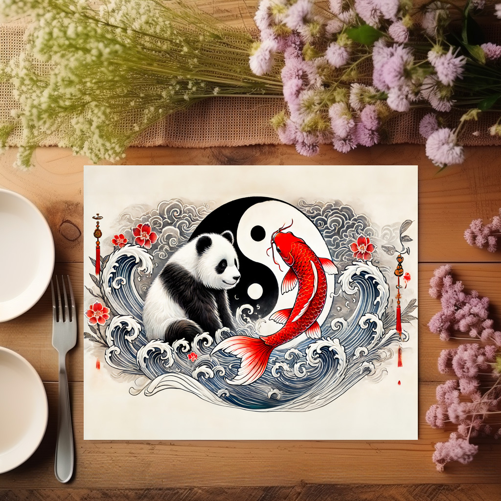 raxxa Premium-Tischset: Yin and Yang Panda and Koi in Asian Art Style – Image 2