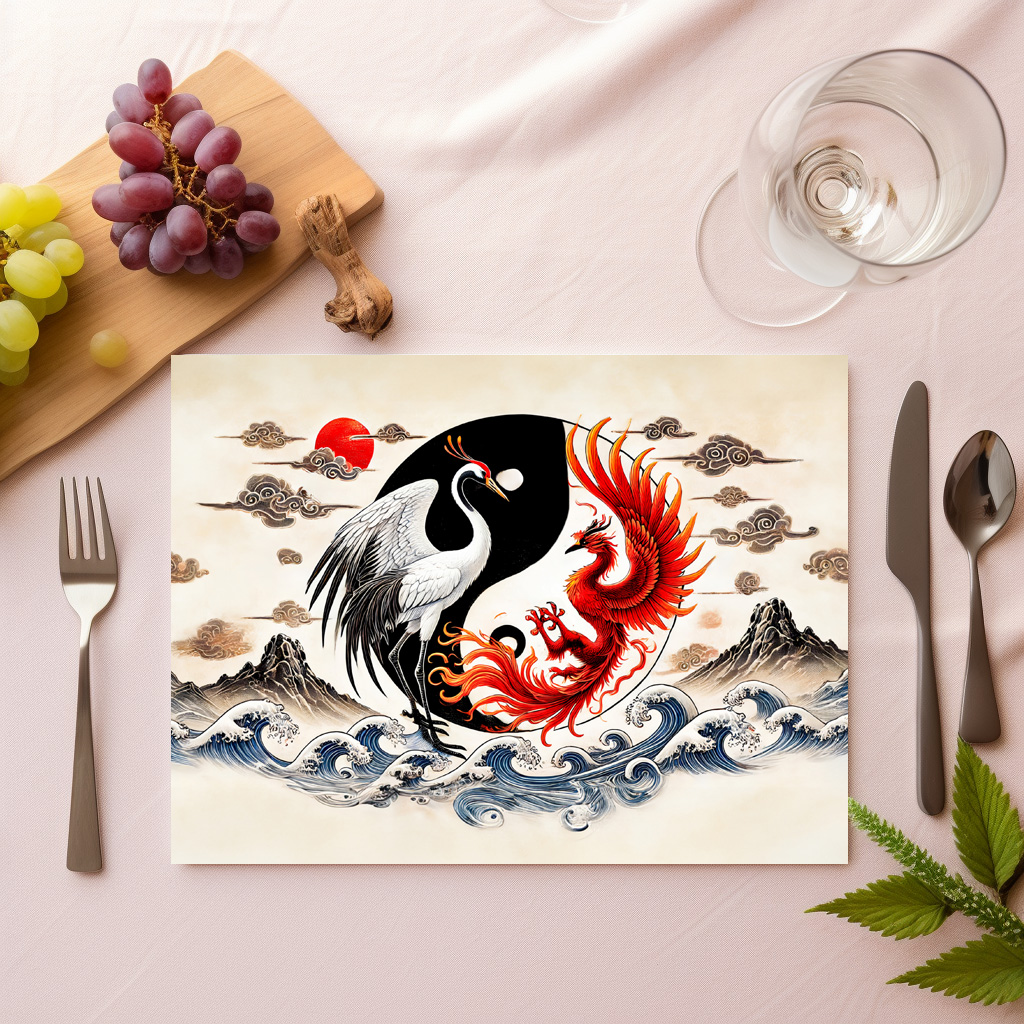 raxxa Premium-Tischset: Yin and Yang Crane and Phoenix in Asian Art Style