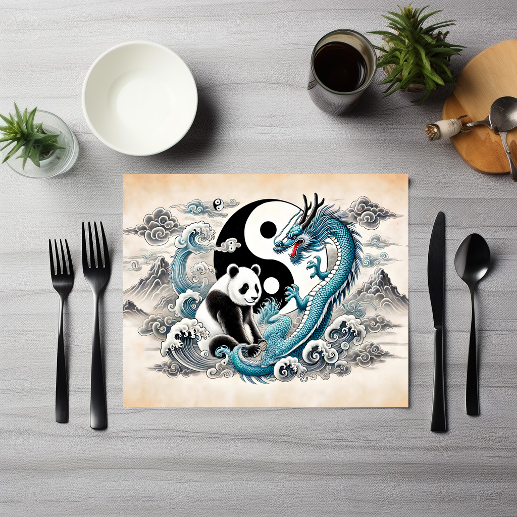 raxxa Premium-Tischset: Yin and Yang Panda and Dragon in Asian Art Style