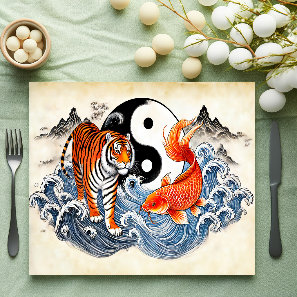 raxxa Premium-Tischset: Yin and Yang Tiger and Koi in Asian Art Style