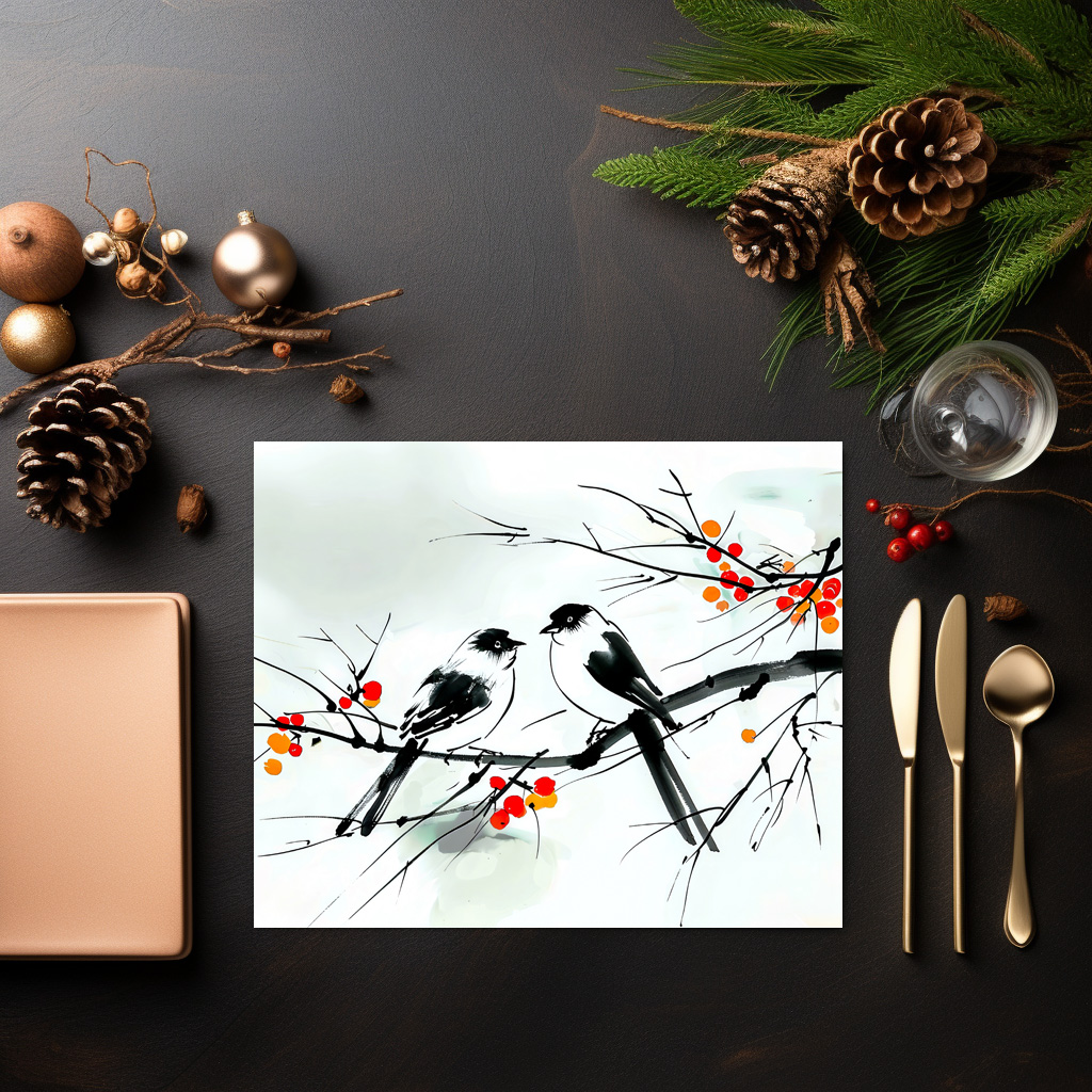 raxxa Premium-Tischset: Two Birds Perched on a Branch ink art