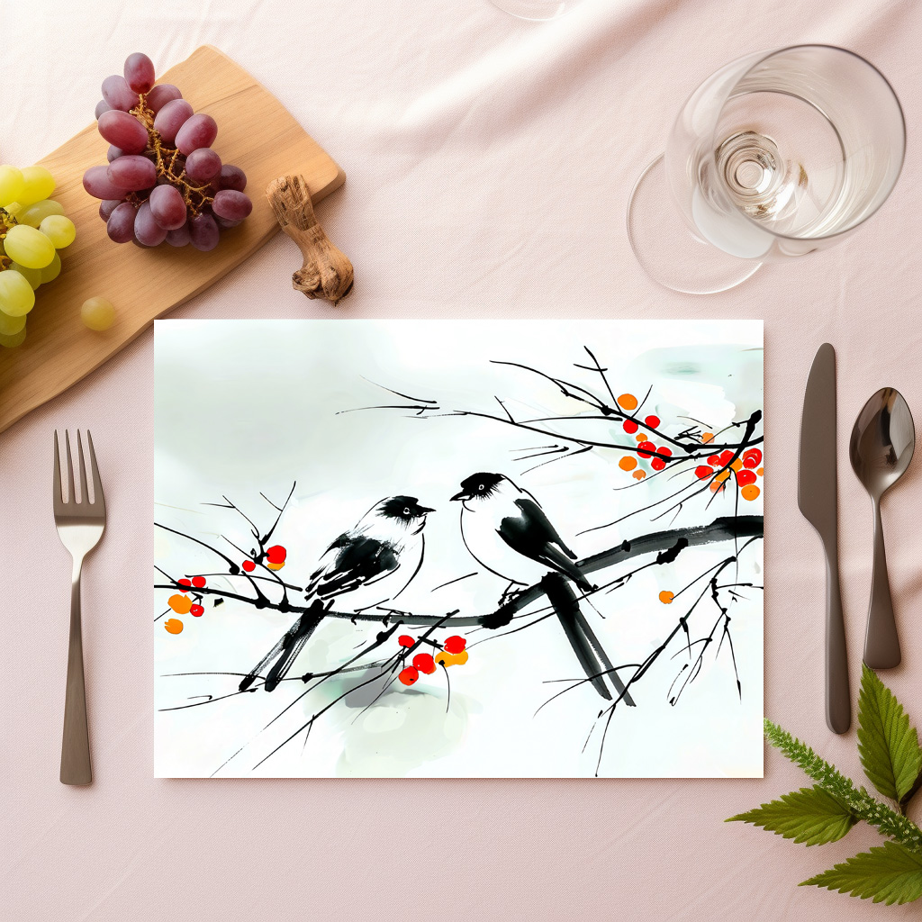 raxxa Premium-Tischset: Two Birds Perched on a Branch ink art – Image 2