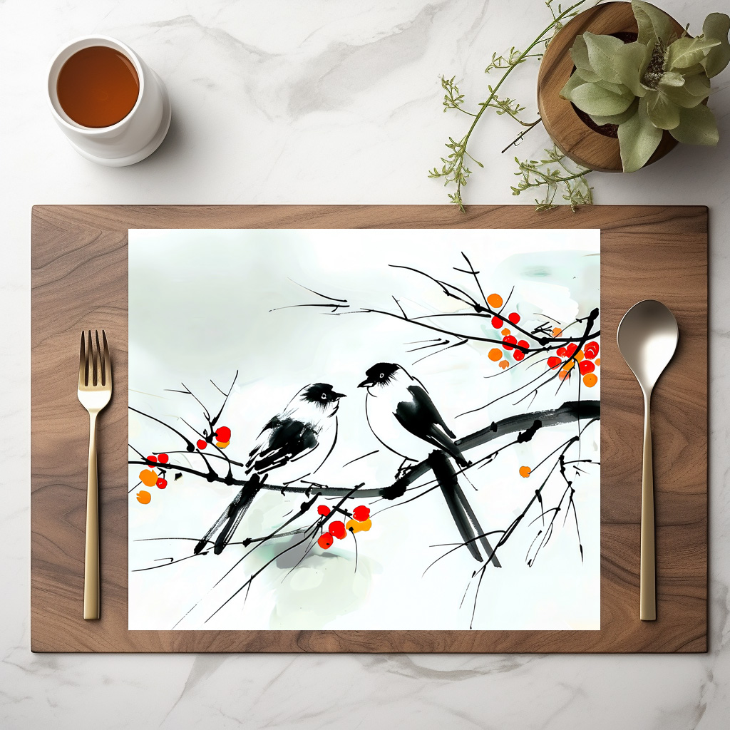 raxxa Premium-Tischset: Two Birds Perched on a Branch ink art – Image 3