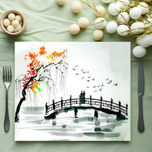 raxxa Premium-Tischset: Bridge by a Pond in a Tranquil Garden