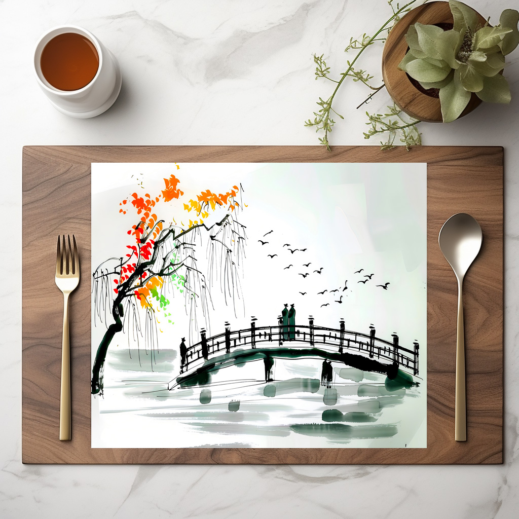 raxxa Premium-Tischset: Bridge by a Pond in a Tranquil Garden – Bild 2