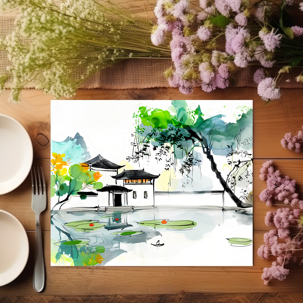 raxxa Premium-Tischset: Chinese Temple by a Lotus Pond – Bild 2