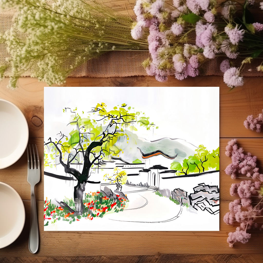 raxxa Premium-Tischset: Chinese Village View with Traditional Temple - Image 2