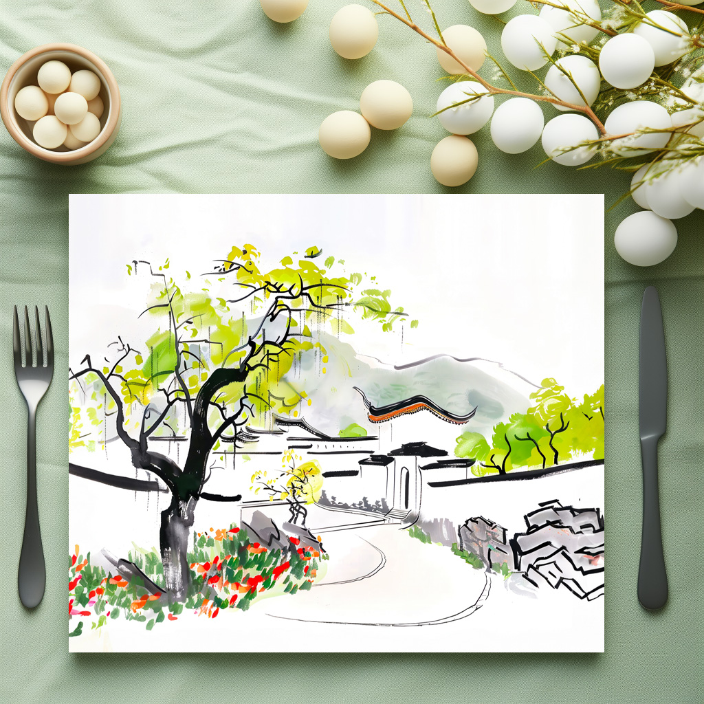 raxxa Premium-Tischset: Chinese Village View with Traditional Temple