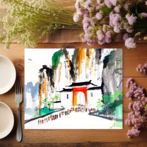 raxxa Premium-Tischset: Temple with People in Mountainous Landscape