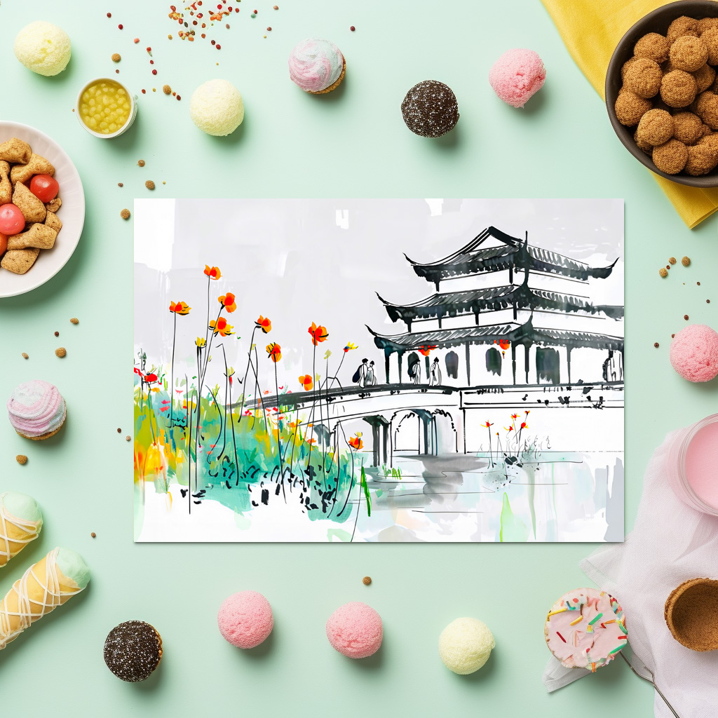 raxxa Premium-Tischset: Chinese Temple by a Flowering Pond