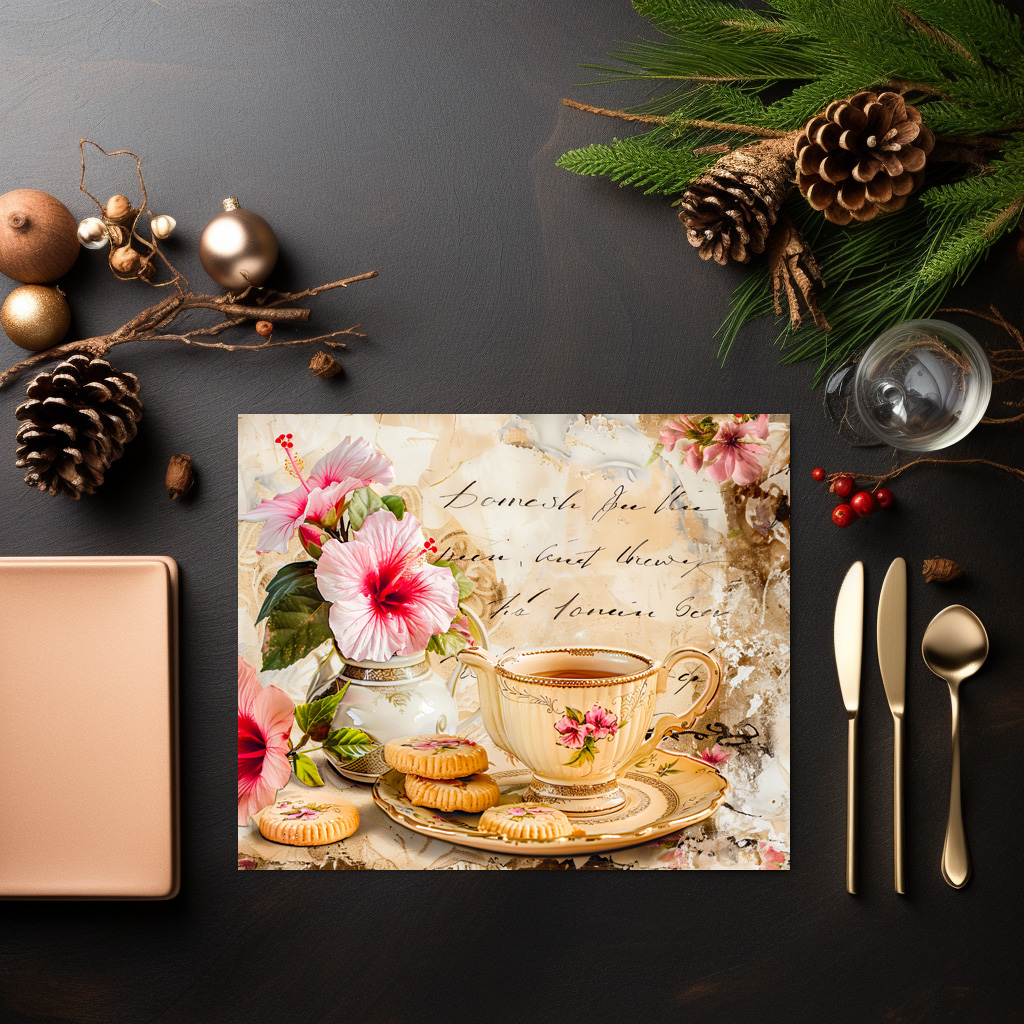 raxxa Premium-Tischset: Hibiscus Blossoms with Fantasy Script and Tea Cup - Image 3