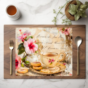 raxxa Premium-Tischset: Hibiscus Blossoms with Fantasy Script and Tea Cup