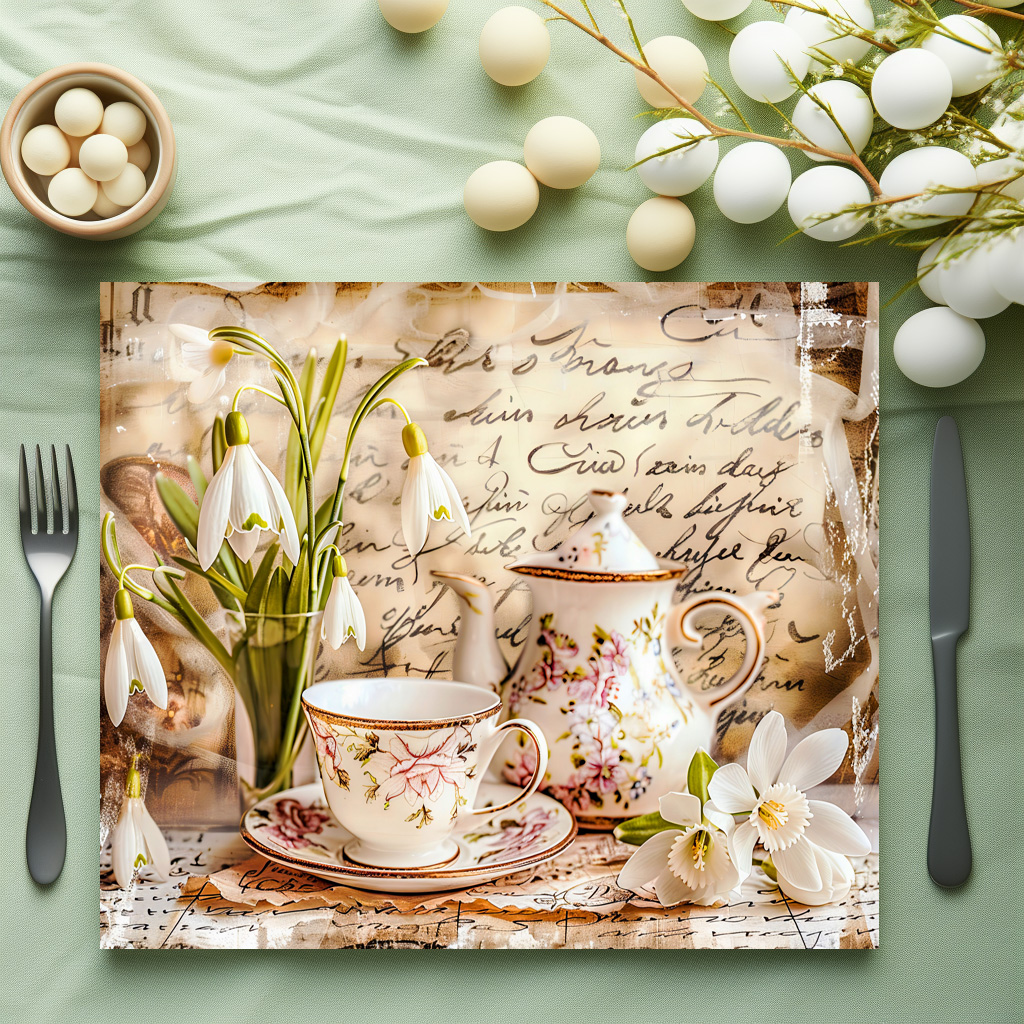 raxxa Premium-Tischset: Snowdrops and Teacups in Vintage Style – Image 3