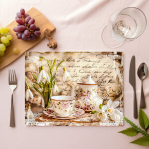 raxxa Premium-Tischset: Snowdrops and Teacups in Vintage Style