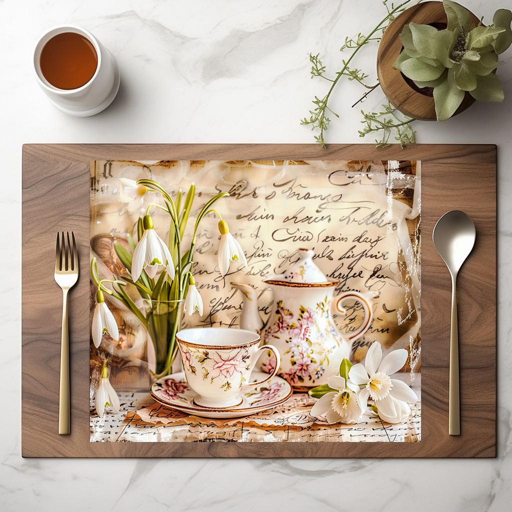 raxxa Premium-Tischset: Snowdrops and Teacups in Vintage Style – Image 2