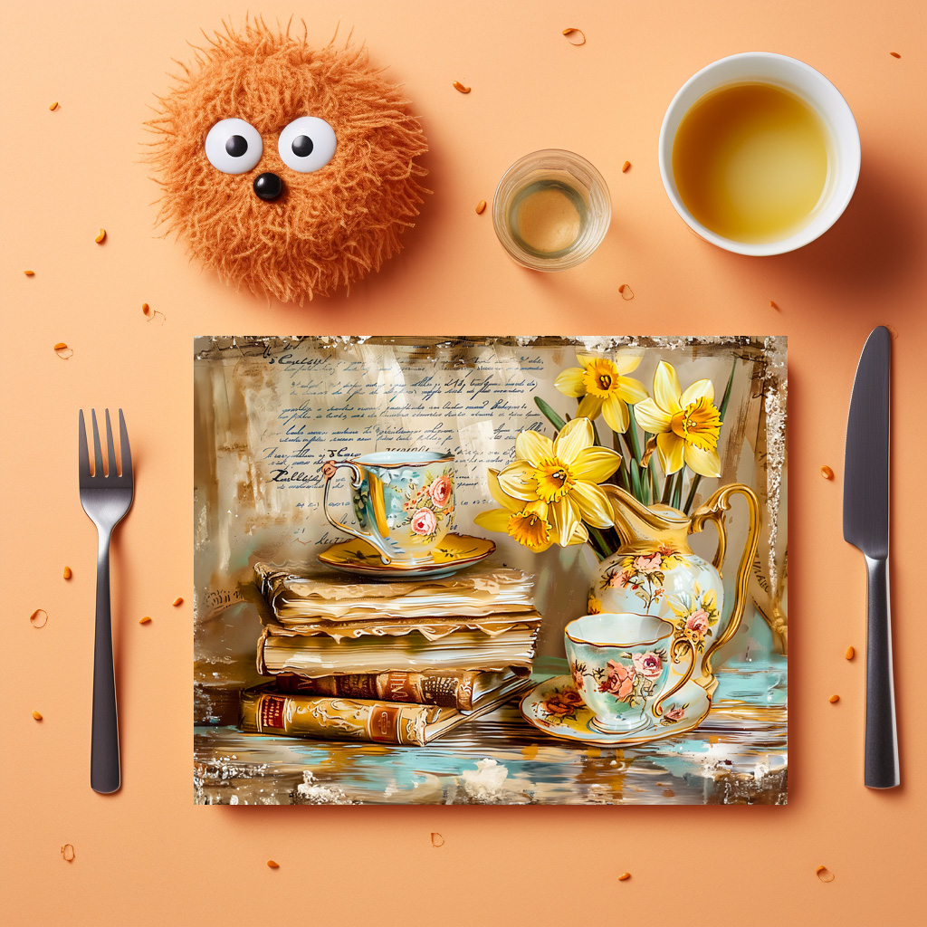 raxxa Premium-Tischset: Daffodils on a Stacked antique Book Collection - immagine 3