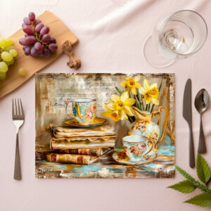 raxxa Premium-Tischset: Daffodils on a Stacked antique Book Collection