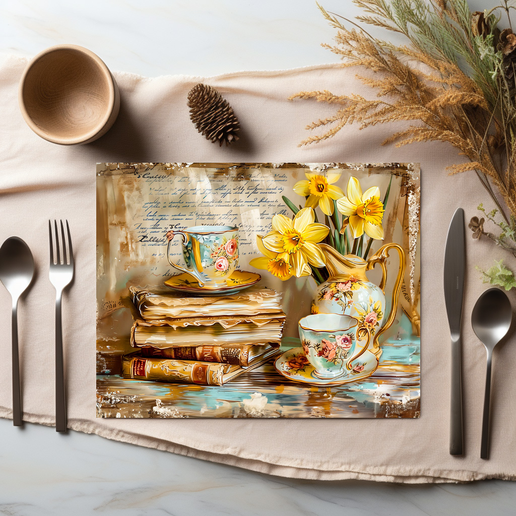 raxxa Premium-Tischset: Daffodils on a Stacked antique Book Collection - immagine 2