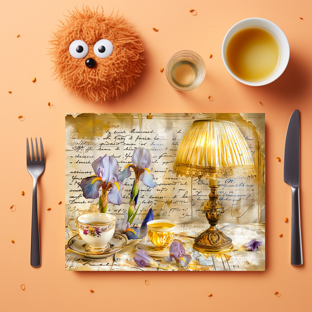 raxxa Premium-Tischset: Iris Blooms with Teacup and Vintage Lamp – Image 2