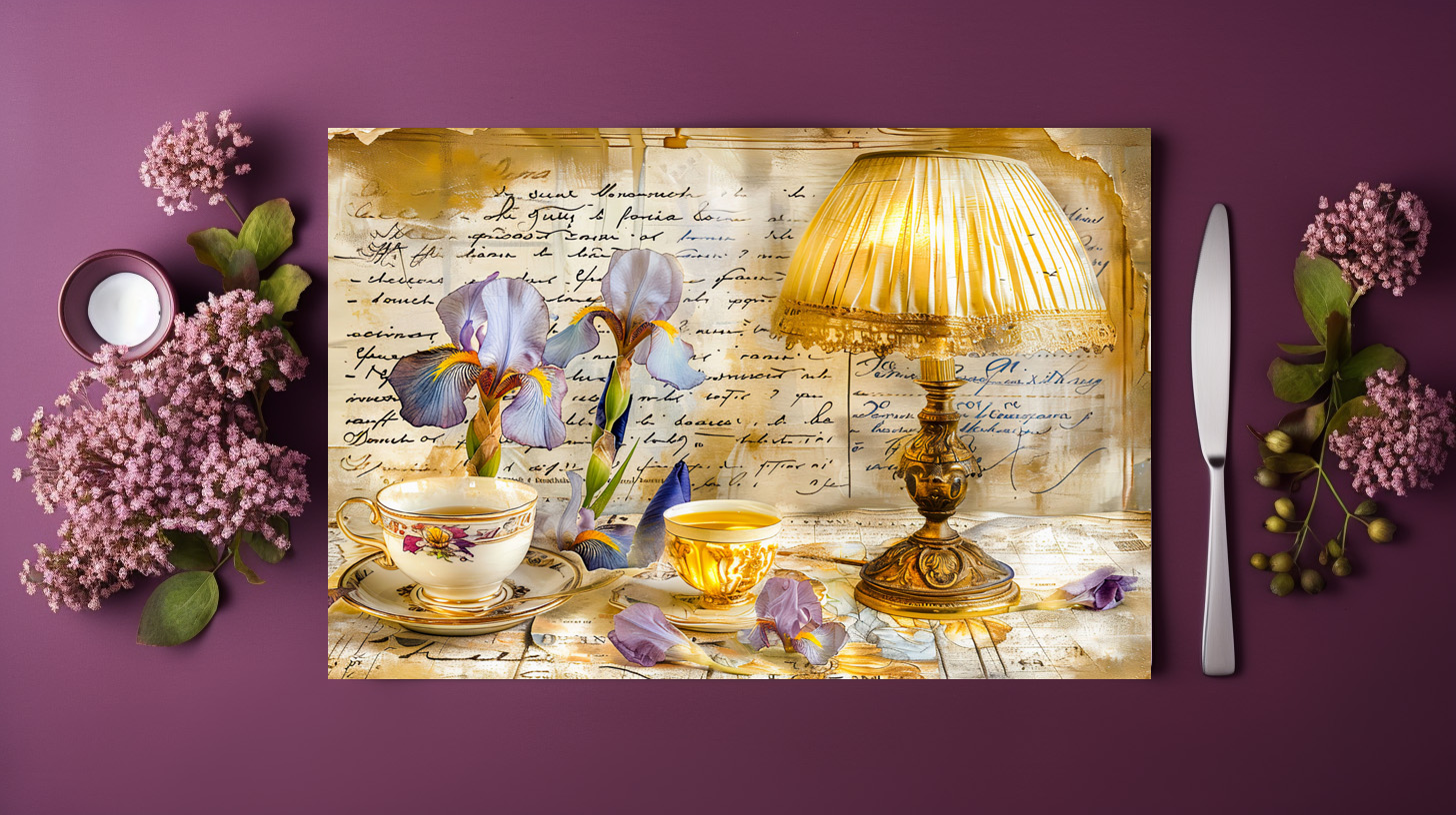 raxxa Premium-Tischset: Iris Blooms with Teacup and Vintage Lamp – Image 3