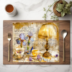 raxxa Premium-Tischset: Iris Blooms with Teacup and Vintage Lamp