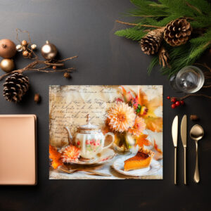raxxa Premium-Tischset: Dahlia Bloom with Pumpkin Cake Slice and Teapot