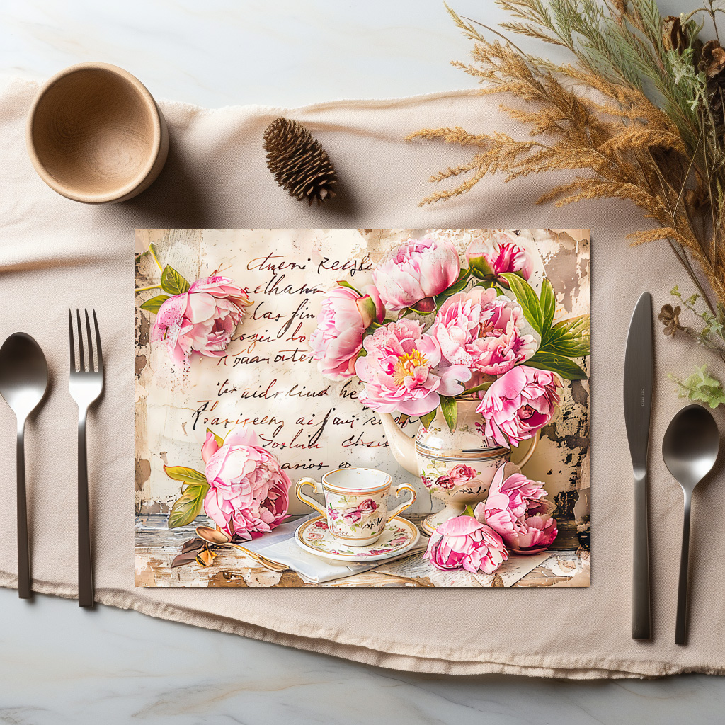 raxxa Premium-Tischset: Peonies with Tea Cup and Vintage Touch