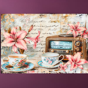 raxxa Premium-Tischset: Pink Lily with Antique Radio Receiver