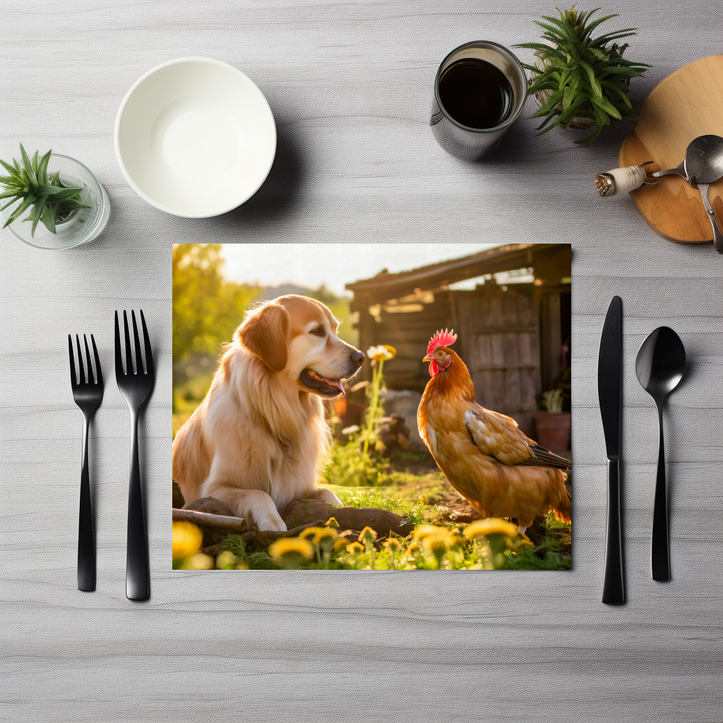 raxxa Premium-Tischset: Sunny Day Buddies- Labrador and Hen Bask in Garden Salad Bed - Imagen 3