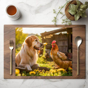 raxxa Premium-Tischset: Sunny Day Buddies- Labrador and Hen Bask in Garden Salad Bed