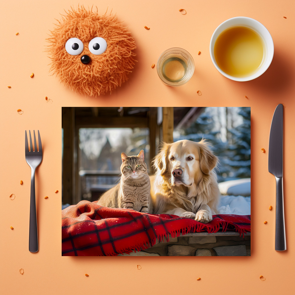 raxxa Premium-Tischset: Cozy Companions- Labrador and Gray Cat Snuggle on Blanket Amidst Snowfall – Bild 2