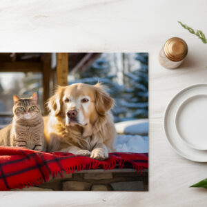 raxxa Premium-Tischset: Cozy Companions- Labrador and Gray Cat Snuggle on Blanket Amidst Snowfall