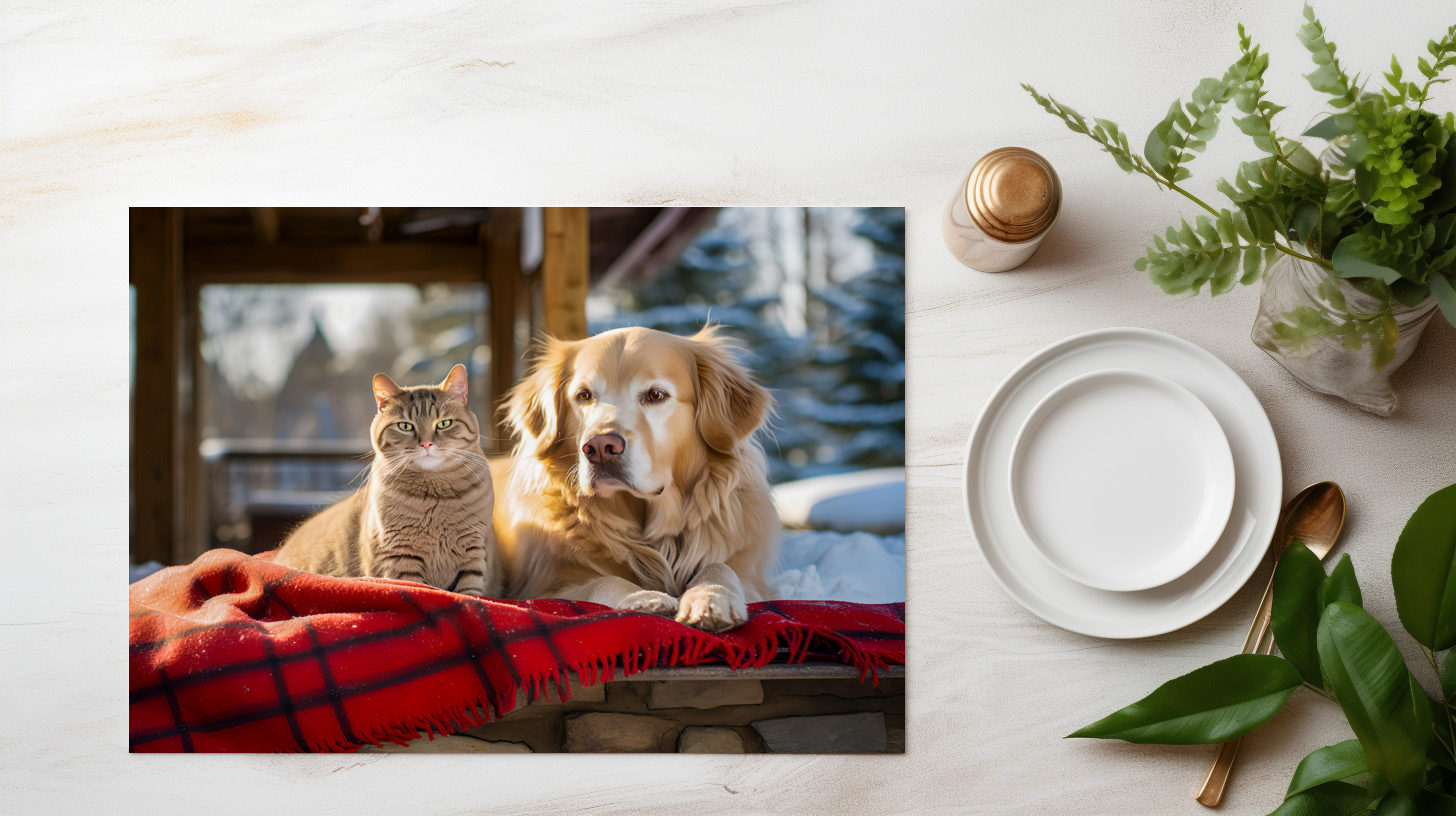raxxa Premium-Tischset: Cozy Companions- Labrador and Gray Cat Snuggle on Blanket Amidst Snowfall