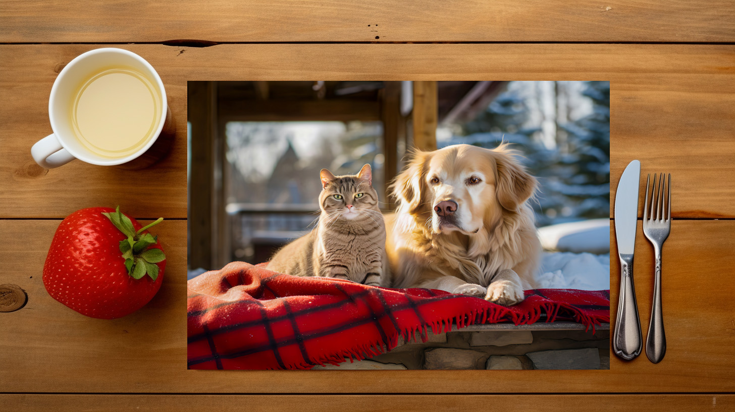 raxxa Premium-Tischset: Cozy Companions- Labrador and Gray Cat Snuggle on Blanket Amidst Snowfall – Bild 3