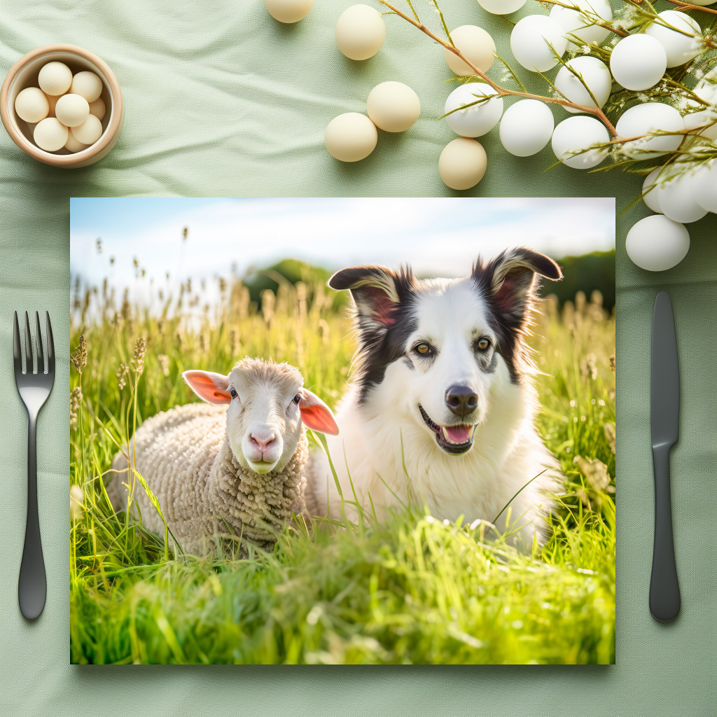 raxxa Premium-Tischset: Shepherd Dog and Sheep Resting Together in Meadow