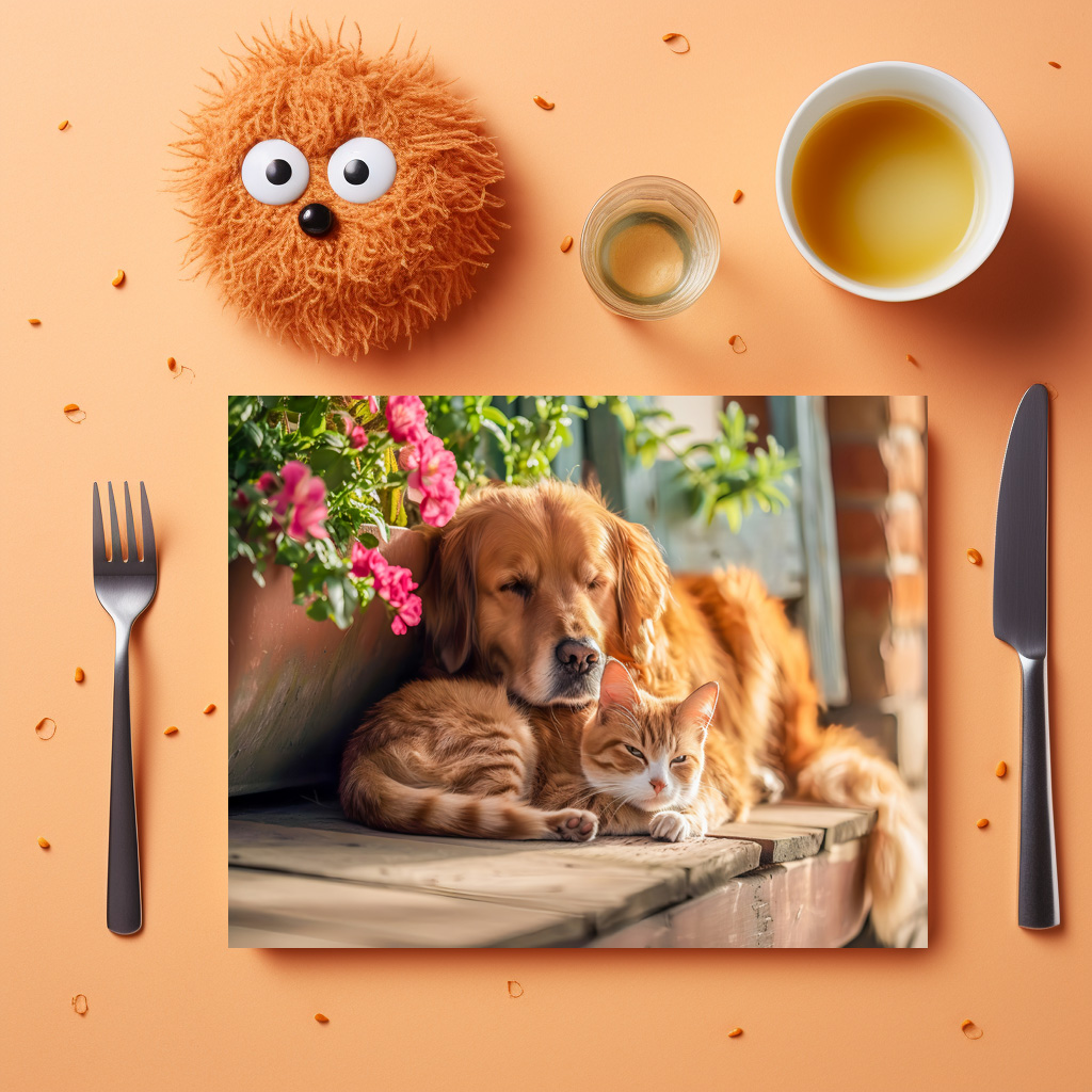 raxxa Premium-Tischset: Labrador and Red Cat Snooze Together by Flowerpots – Bild 2