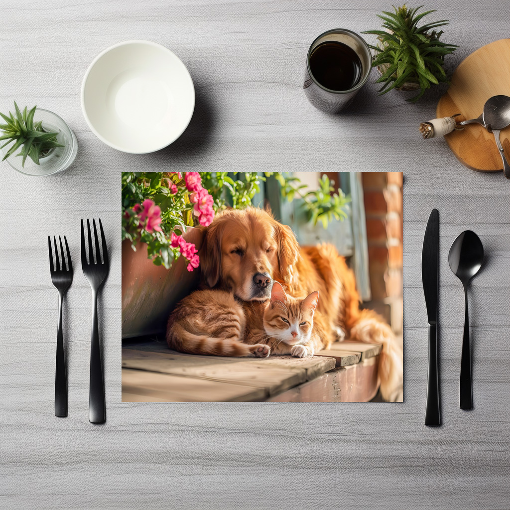 raxxa Premium-Tischset: Labrador and Red Cat Snooze Together by Flowerpots – Bild 3