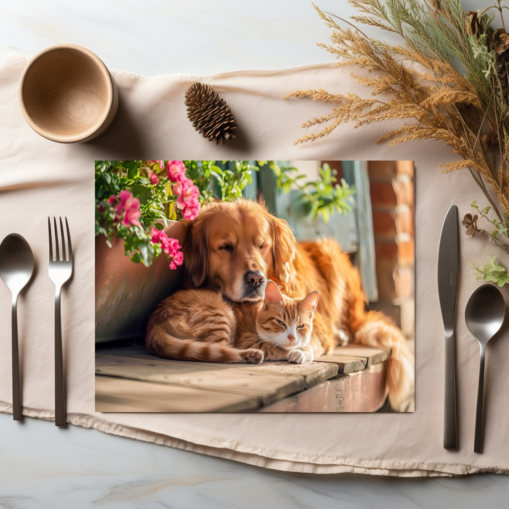 raxxa Premium-Tischset: Labrador and Red Cat Snooze Together by Flowerpots
