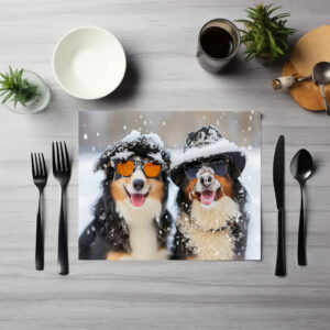 raxxa Premium-Tischset: Snow Buddies- Two Bernese Mountain Dogs Enjoying Winter Wonderland