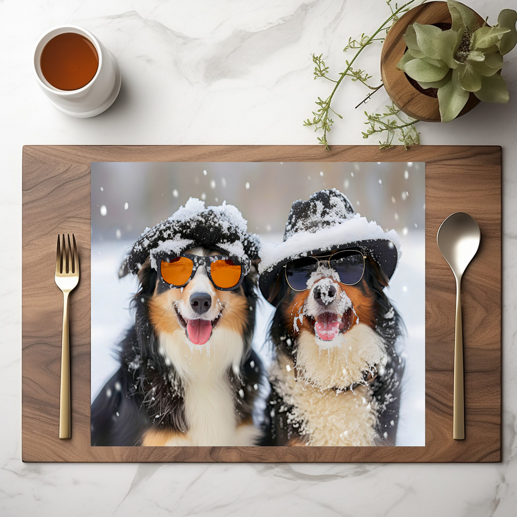 raxxa Premium-Tischset: Snow Buddies- Two Bernese Mountain Dogs Enjoying Winter Wonderland – Image 2