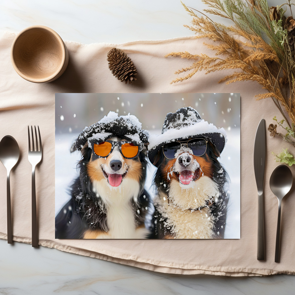 raxxa Premium-Tischset: Snow Buddies- Two Bernese Mountain Dogs Enjoying Winter Wonderland – Image 3