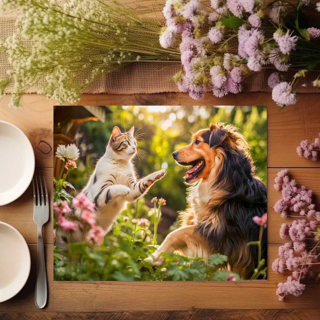 raxxa Premium-Tischset: Garden Playmates- Cat and Collie Dog Enjoying Playtime Together