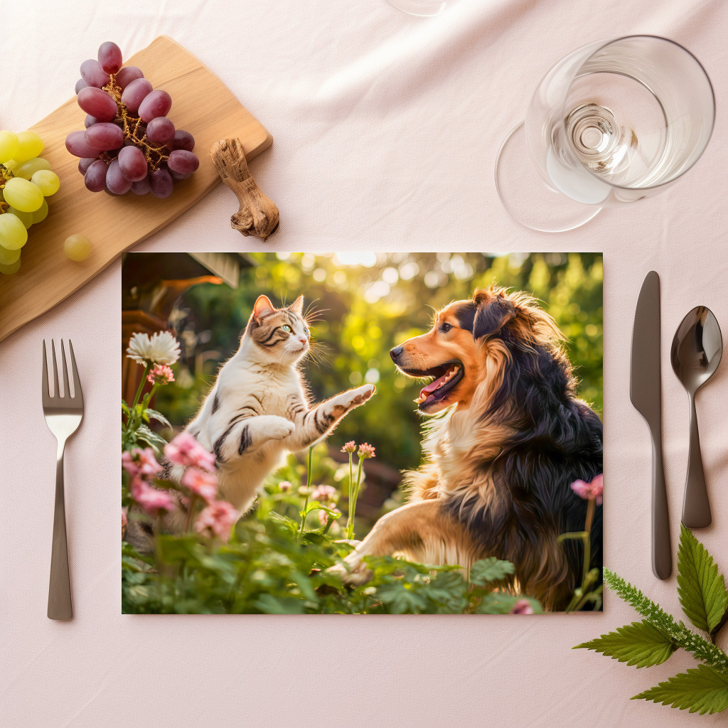 raxxa Premium-Tischset: Garden Playmates- Cat and Collie Dog Enjoying Playtime Together – Bild 2