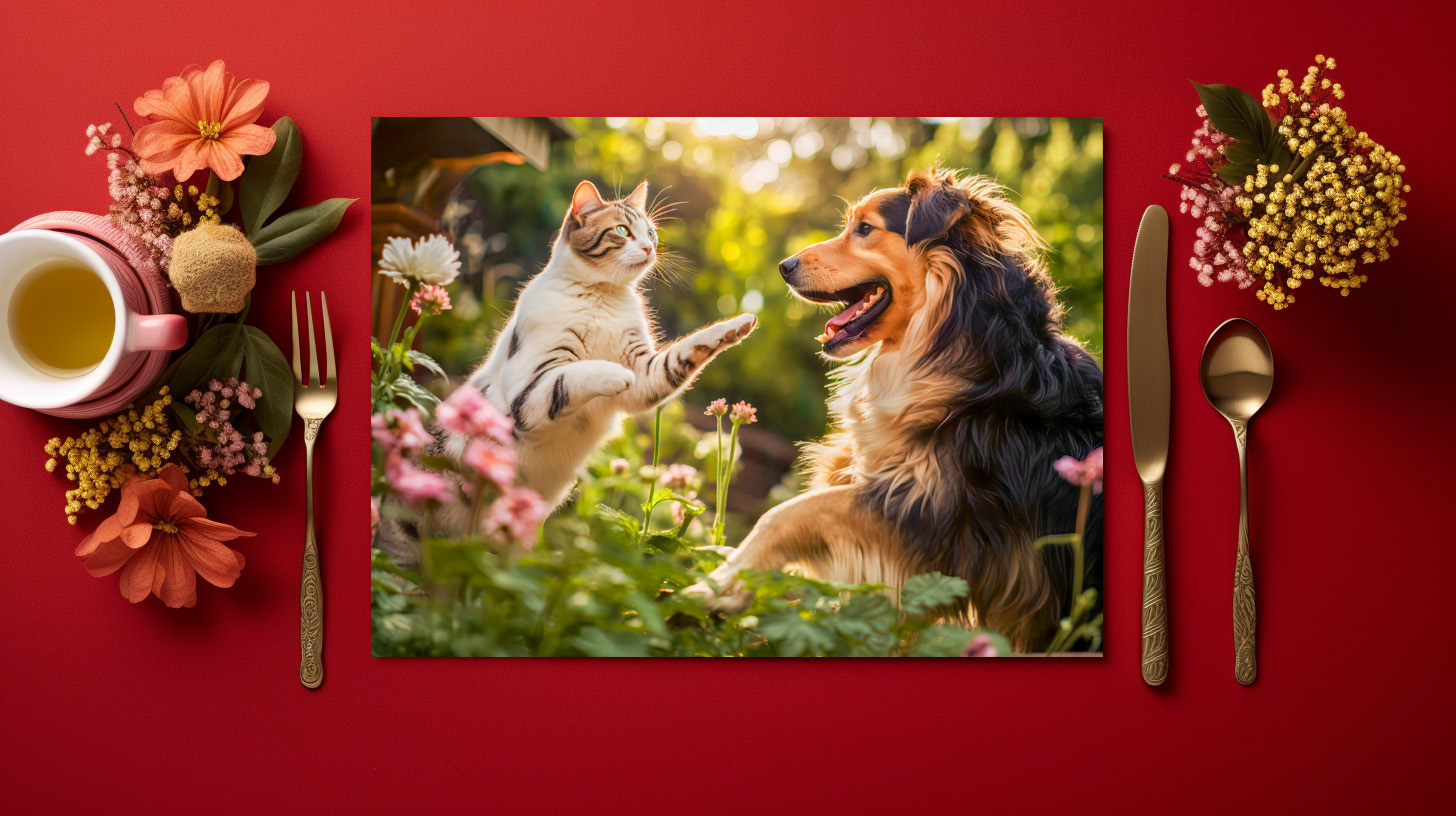 raxxa Premium-Tischset: Garden Playmates- Cat and Collie Dog Enjoying Playtime Together – Bild 3