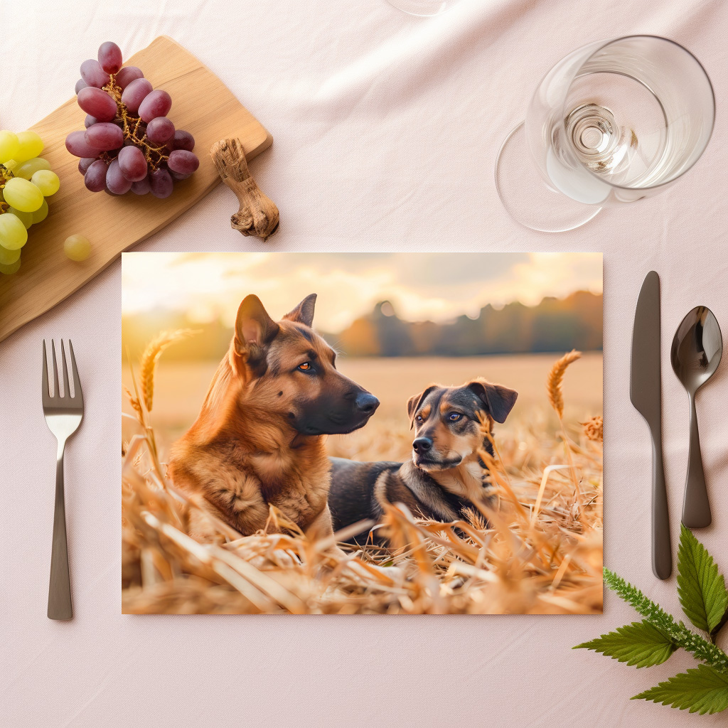 raxxa Premium-Tischset: German Shepherd and Canine Pal Sit in Wheat Field