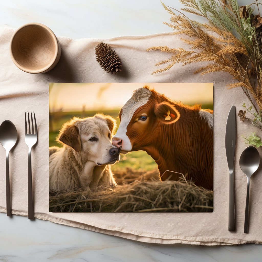 raxxa Premium-Tischset: Farm Friends Labrador and Cow Enjoying Summer Days