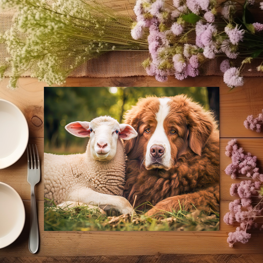 raxxa Premium-Tischset: Sheep and Shepherd Dog Sit Closely Together on Pasture – Image 3