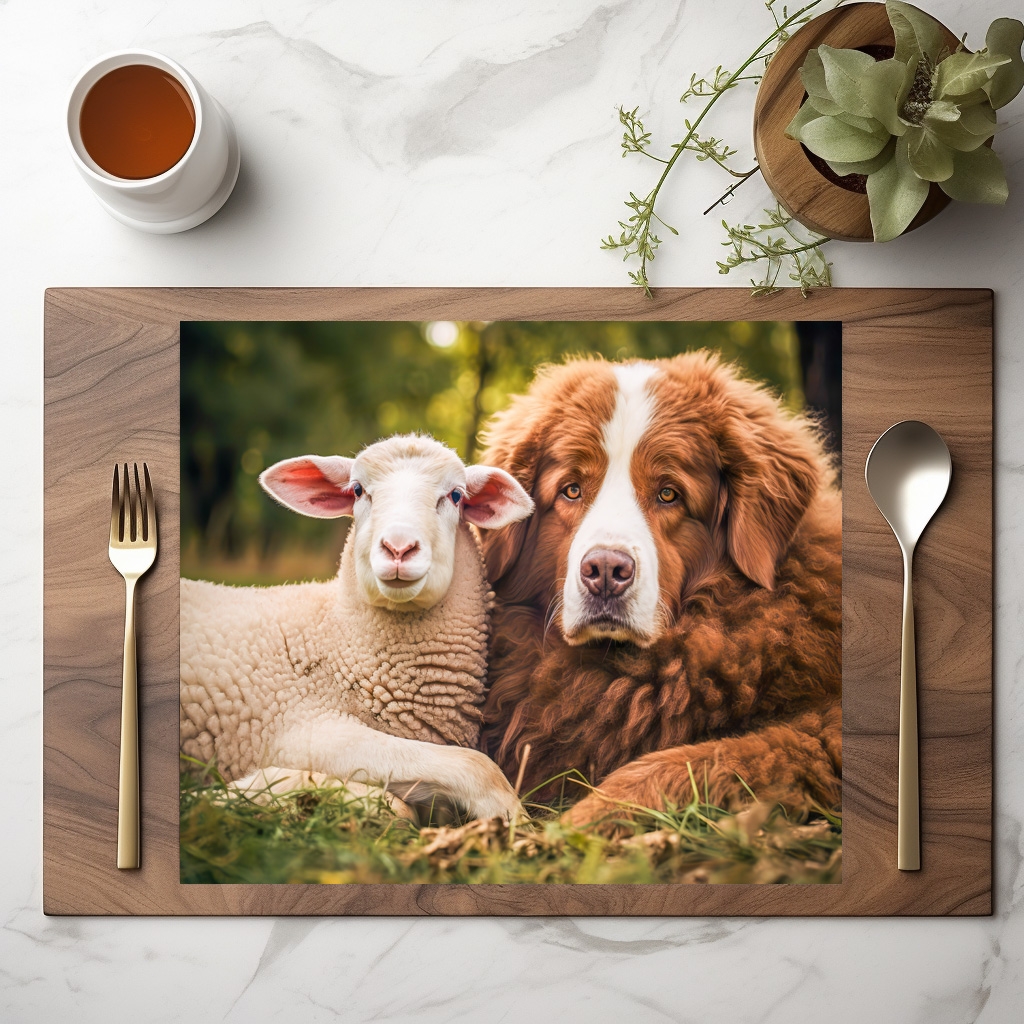 raxxa Premium-Tischset: Sheep and Shepherd Dog Sit Closely Together on Pasture