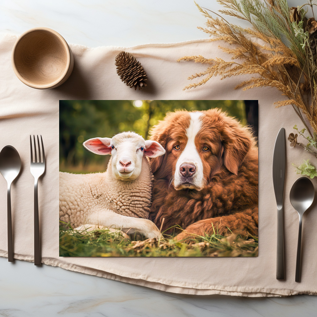 raxxa Premium-Tischset: Sheep and Shepherd Dog Sit Closely Together on Pasture – Image 2